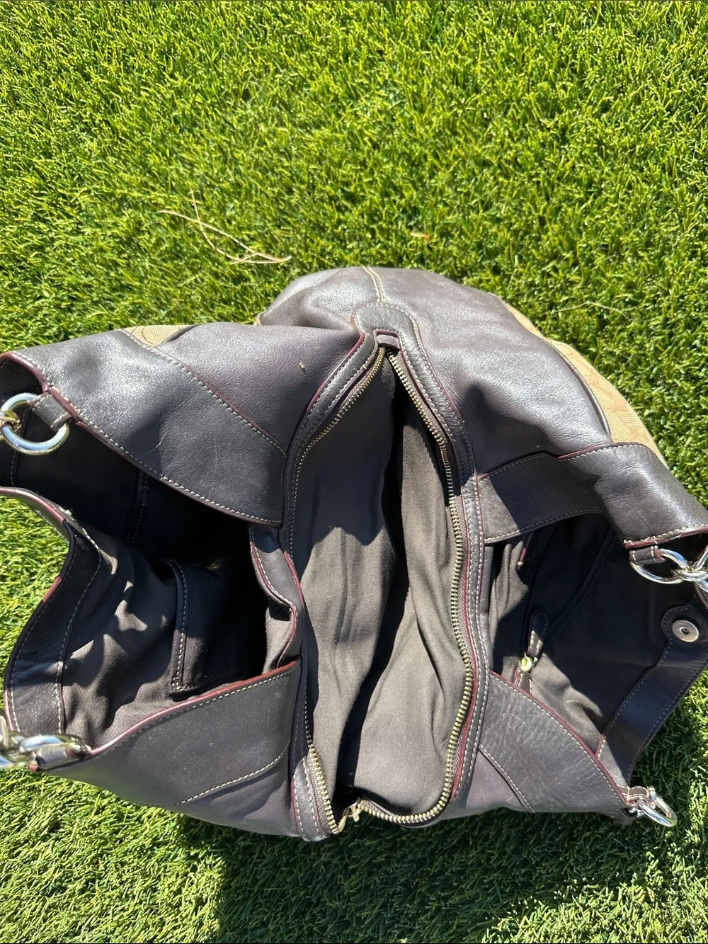 Well Loved Coach Khaki Signature Canvas Shoulder Tote with Brown Trim